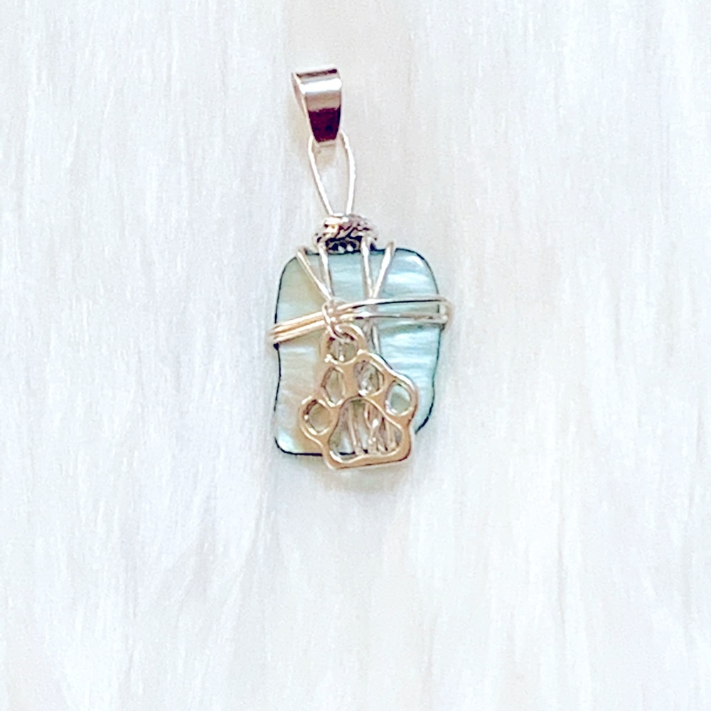 Wire Wrapped Blue Shell And Paw Pendant Necklace